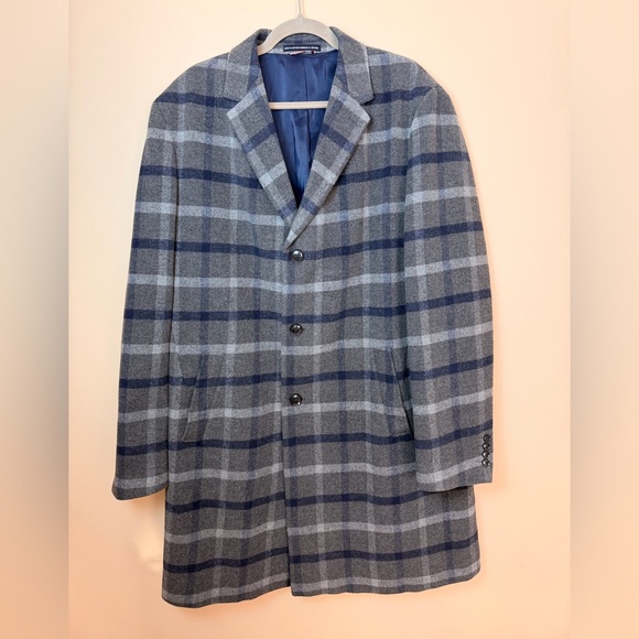 Tommy Hilfiger Men’s Plaid Addison Overcoat grey & navy wool blend Siz 44L tall - Picture 3 of 15
